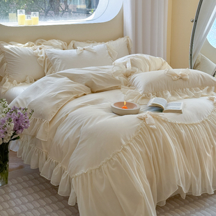 轻奢奶油风全棉床上四件套纯棉公主风高级蝴蝶结蕾丝花边被套 法式