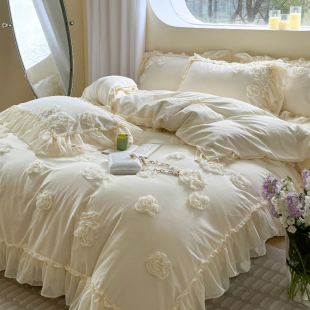 法式 立体玫瑰全棉床上四件套高级少女公主风纯棉床单蕾丝花边被套