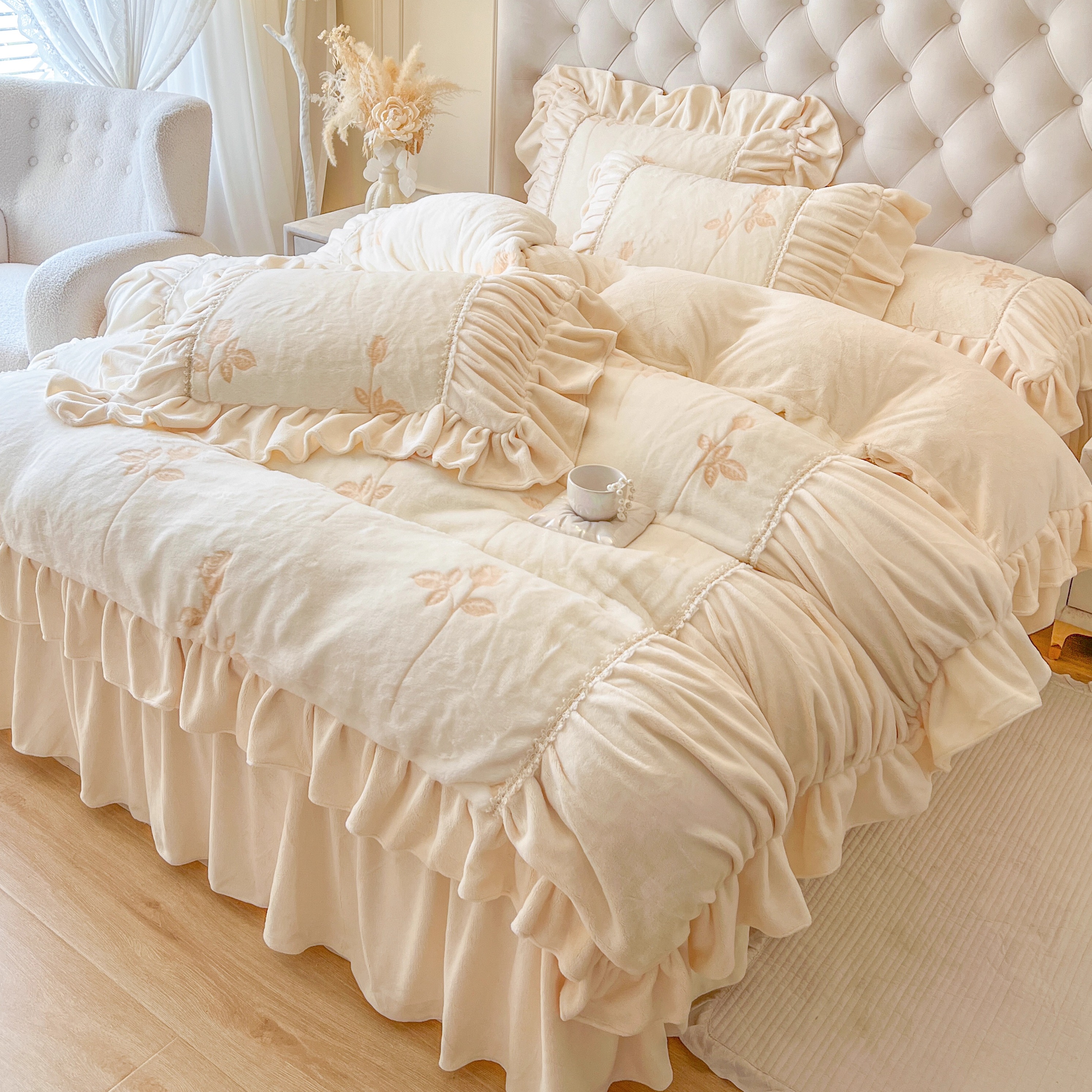 法式公主风花边牛奶绒加绒四件套