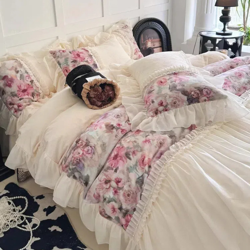 冬季轻奢加厚牛奶绒四件套高级感玫瑰加绒双面毛绒被套珊瑚绒床裙