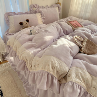 冬季 花边牛奶绒床裙四件套公主风珊瑚绒加绒被套床单床笠 浪漫法式
