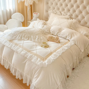 法式 四件套珊瑚绒公主风蕾丝花边被套 高级感白色牛奶绒仙女床裙款