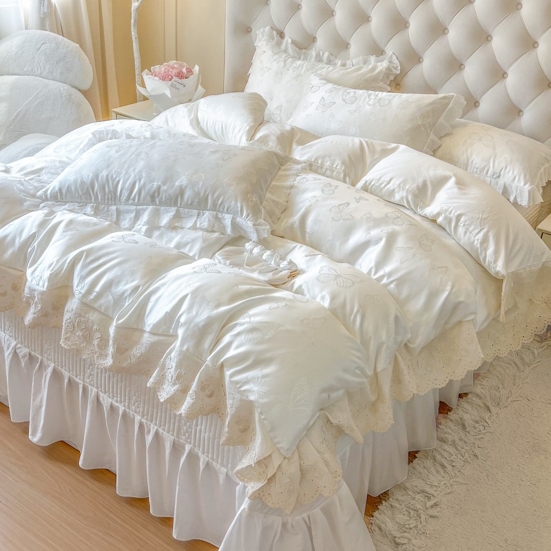 法式仙女白色贡缎提花全棉四件套