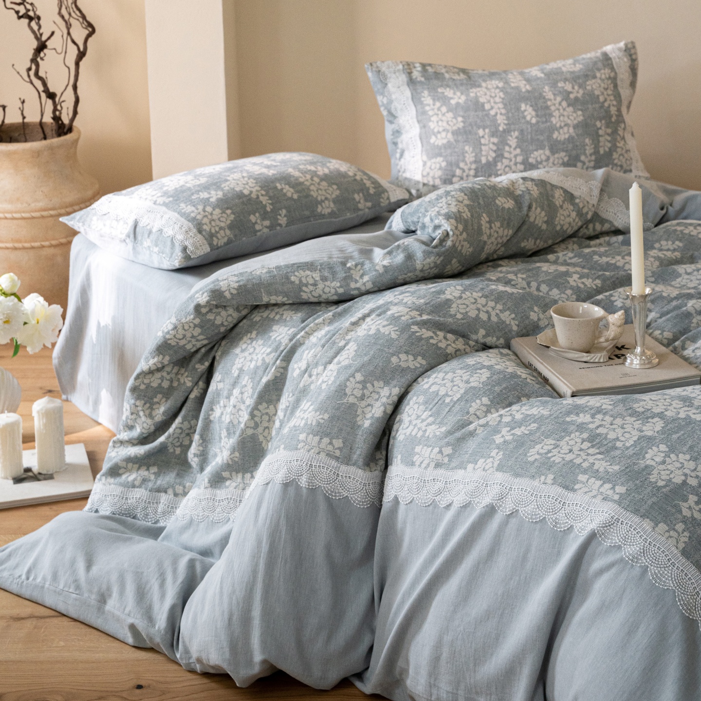 法式复古风水洗牛仔蓝全棉四件套高级感提花纯棉蕾丝花边被套床品