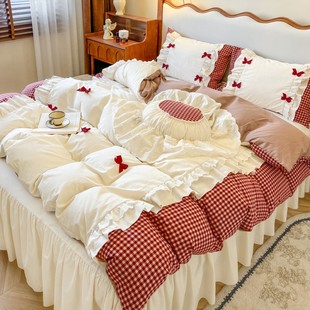 ins少女心红格子全棉纯棉床上四件套浪漫蝴蝶结被套公主风床裙款