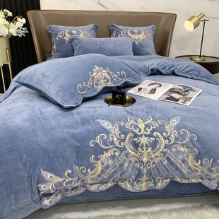冬季保暖花卉刺绣牛奶绒四件套双面绒床单被套加厚法兰绒床上用品