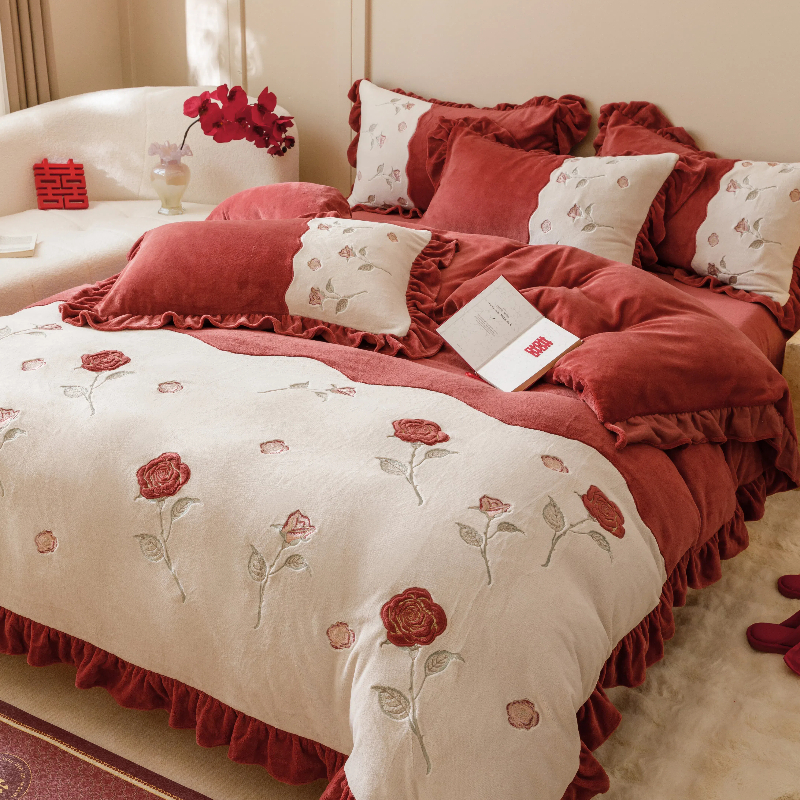 珊瑚被套罩浪漫花卉刺绣法兰绒