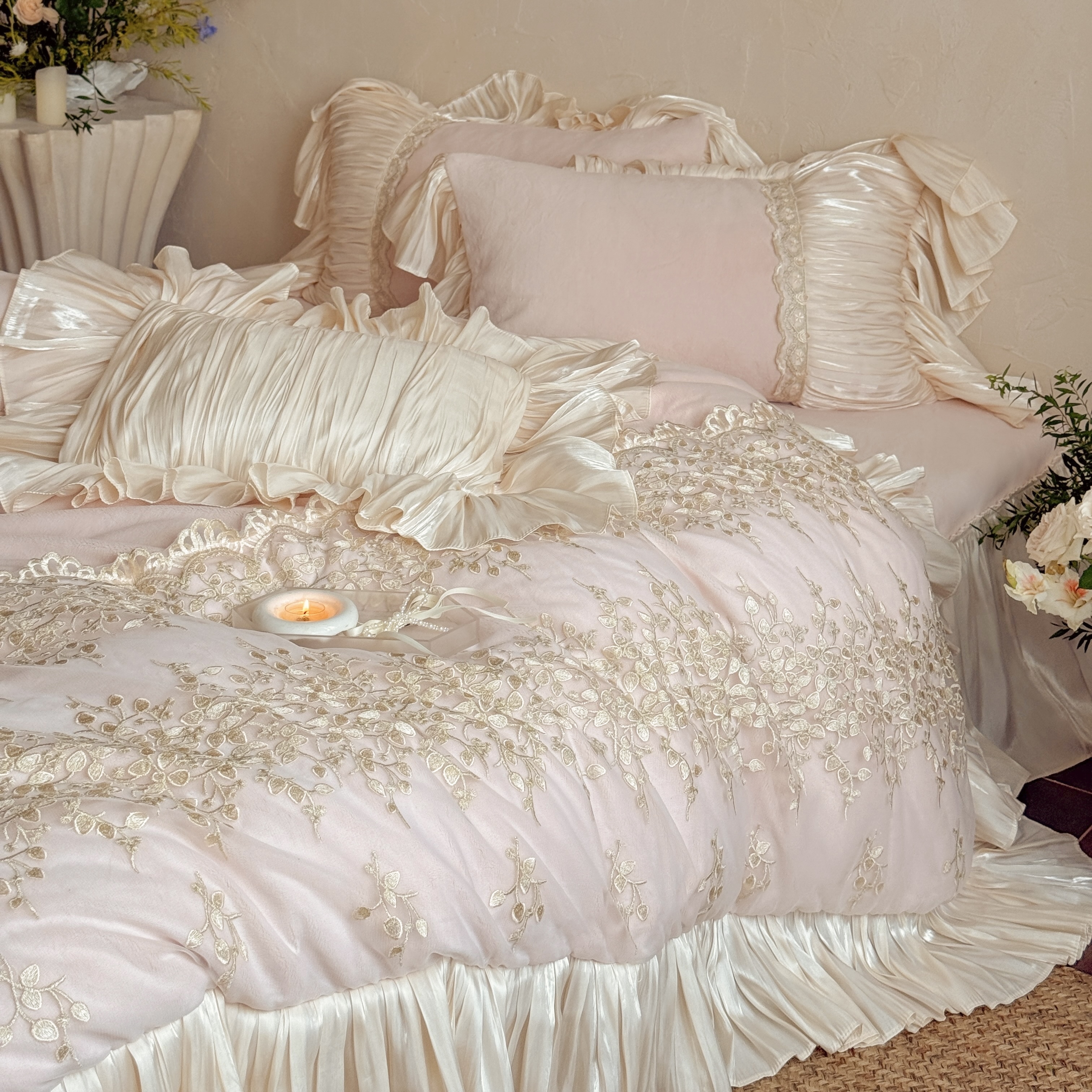 法式公主蕾丝婴儿绒加厚四件套