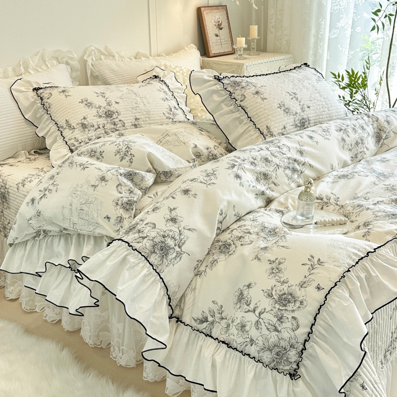 法式少女花边全棉夹棉床盖四件套
