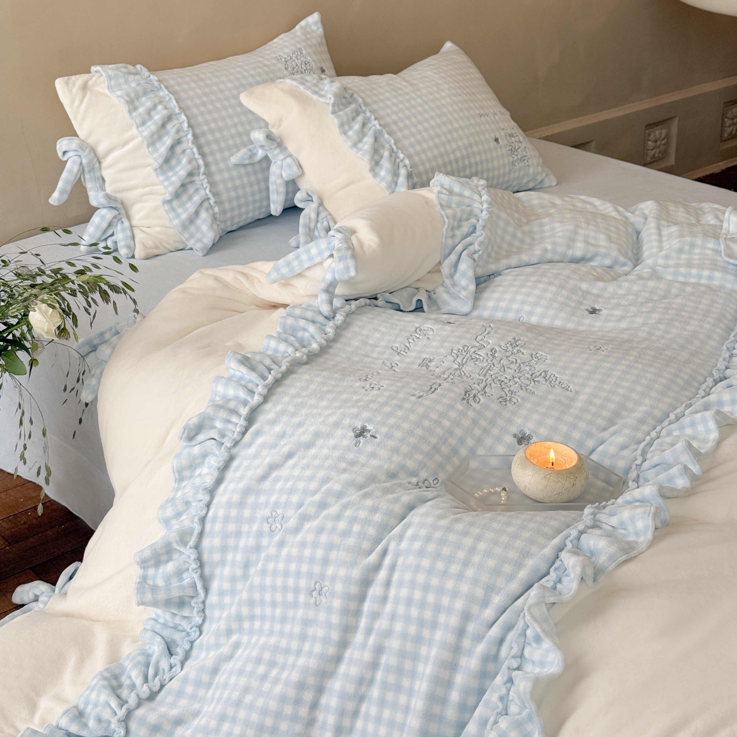 法式秋冬加厚牛奶绒蝴蝶结四件套