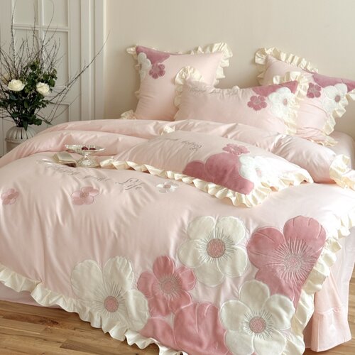 可爱少女心纯棉四件套小清新花卉刺绣花边被套全棉公主风床上用品 - 封面