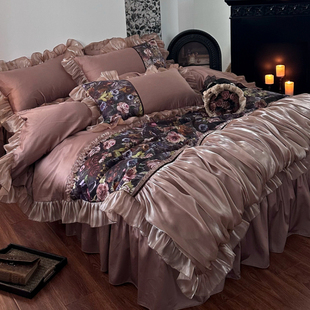 法式 四件套花卉褶皱花边被套公主风床品 浪漫复古全棉长绒棉床裙款