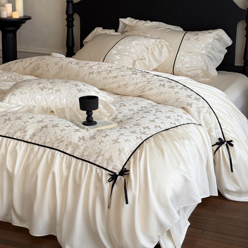 法式浪漫天丝棉四件套公主风提花雪纺花边被套丝滑裸睡少女心床单