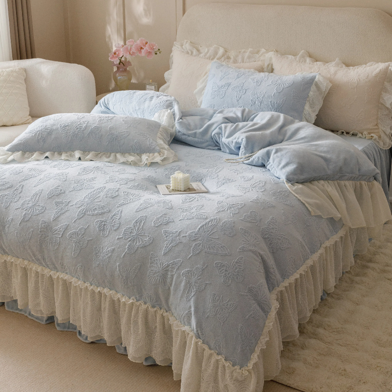 公主蕾丝被套双面毛绒珊瑚绒床裙