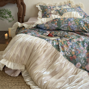 浪漫复古油画感全棉长绒棉四件套纯棉琉璃纱花边被套床上用品 法式