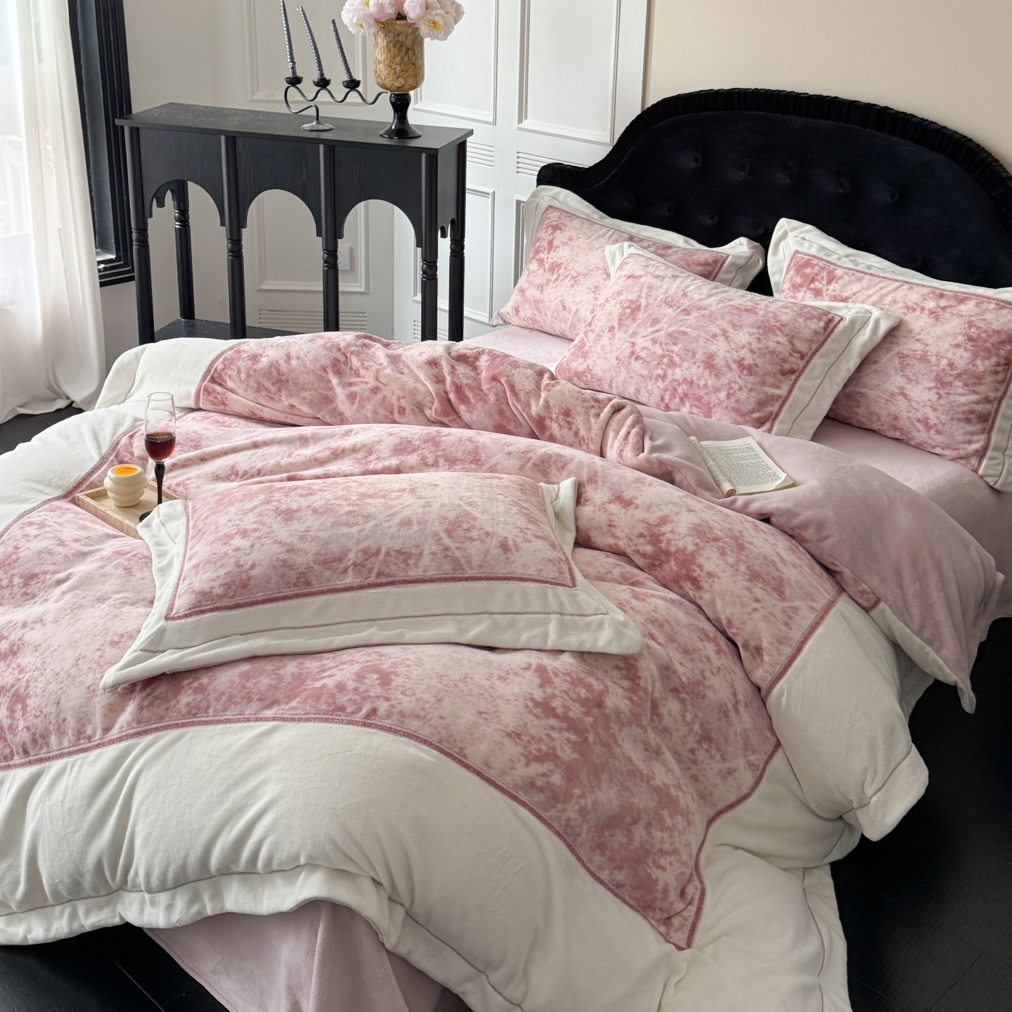 法式浪漫印花冬季牛奶绒四件套保暖加厚珊瑚绒被套公主风加绒床品