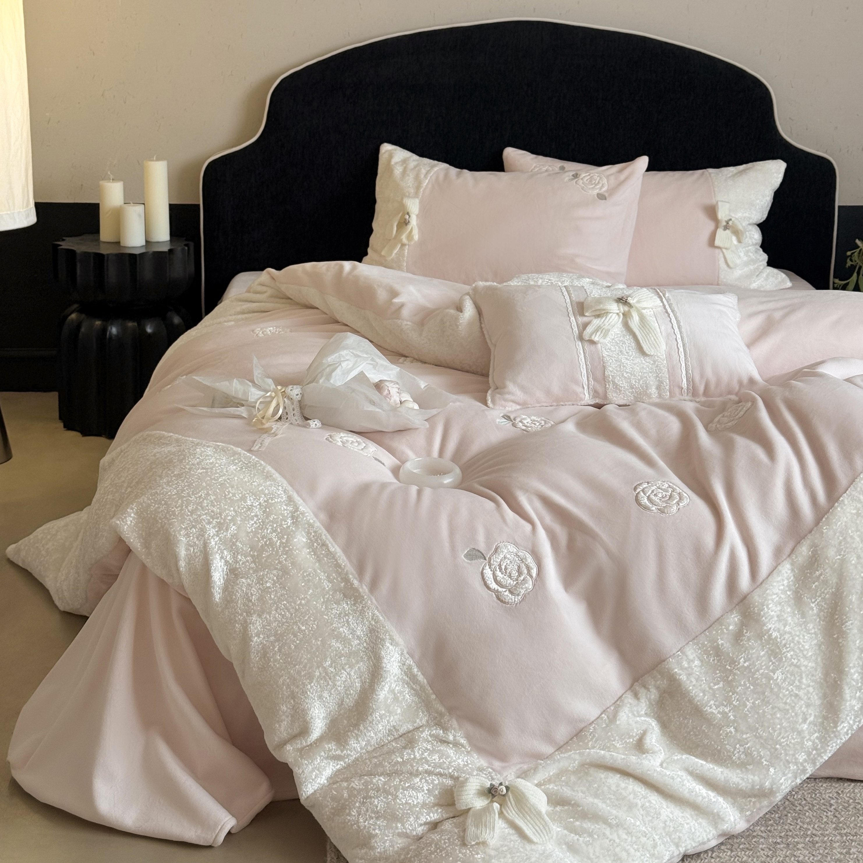 法式少女心甜美玫瑰牛奶绒四件套