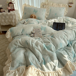 法式 少女珊瑚绒双面绒被套加绒床裙床单 蝴蝶雕花牛奶绒四件套冬季