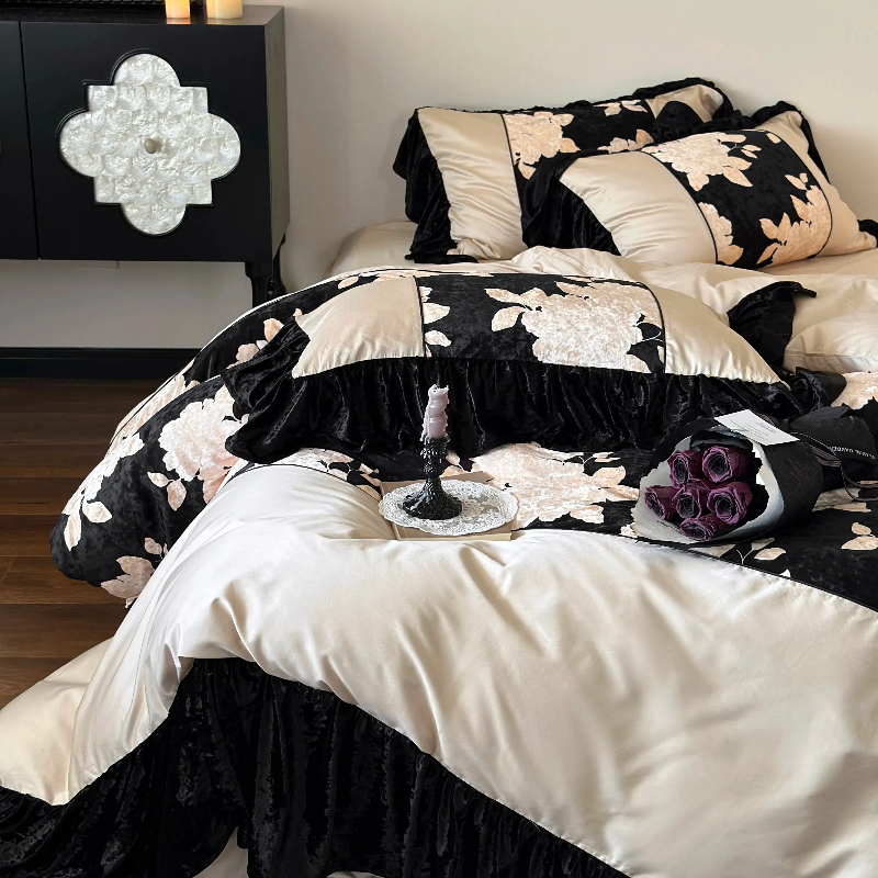秋冬加厚纯棉黑金印花被套床上