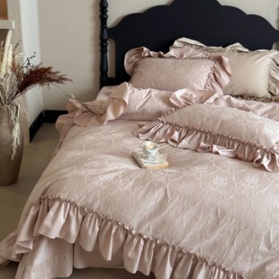法式复古风全棉磨毛四件套纯棉长绒棉提花柔软花边被套公主风床品