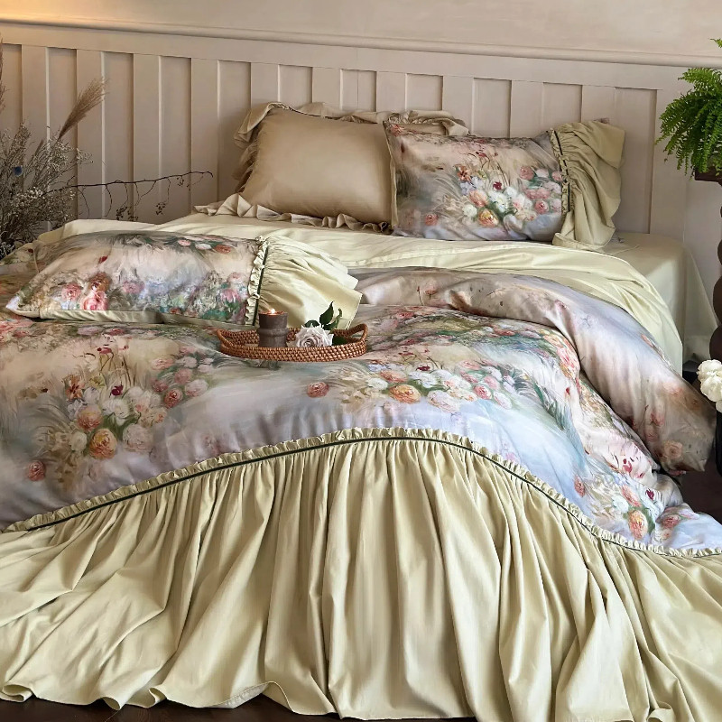 法式全棉贡缎磨毛床上四件套复古油画风浪漫花边被套加厚纯棉床单