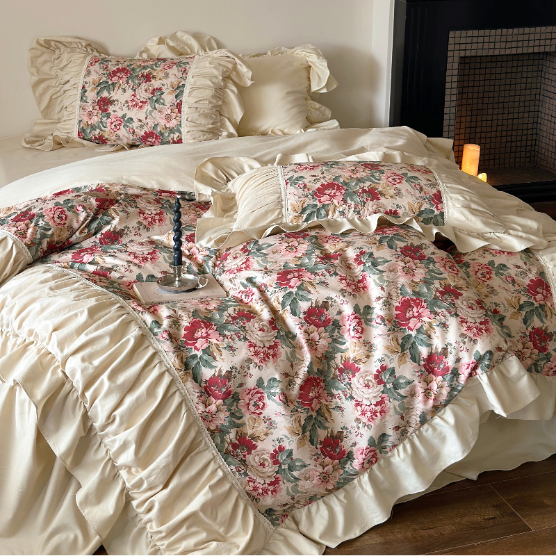 法式复古花朵全棉蕾丝花边四件套