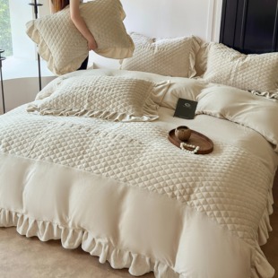 法兰珊瑚绒被套床上用品 加厚花边床盖款 法式 加绒牛奶绒四件套冬季