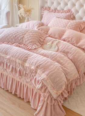 冬季少女心雕花牛奶绒四件套公主风加厚珊瑚绒花边被套夹棉床盖款