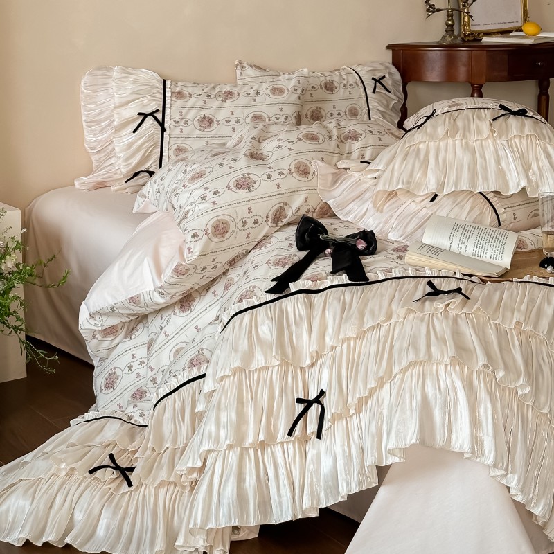 全棉双层纱床上四件套纯棉蝴蝶结