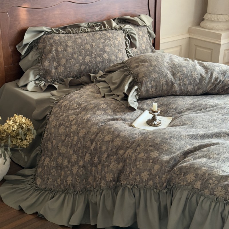 复古茶绿全棉色织提花四件套纯棉