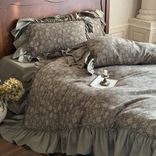 法式复古茶绿全棉色织提花四件套纯棉水洗棉荷叶花边被套公主床单