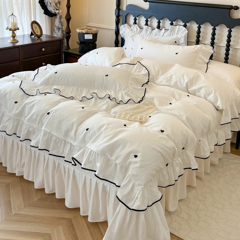 法式少女心白色纯棉四件套爱心刺绣花边被套全棉仙气夹棉床盖床品