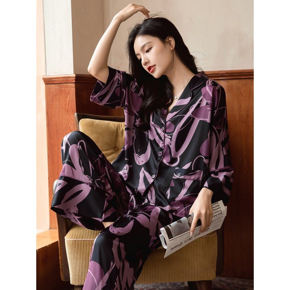 维多利亚100%桑蚕丝睡衣定制刺绣女款春秋季高级感长裤居家服夏季