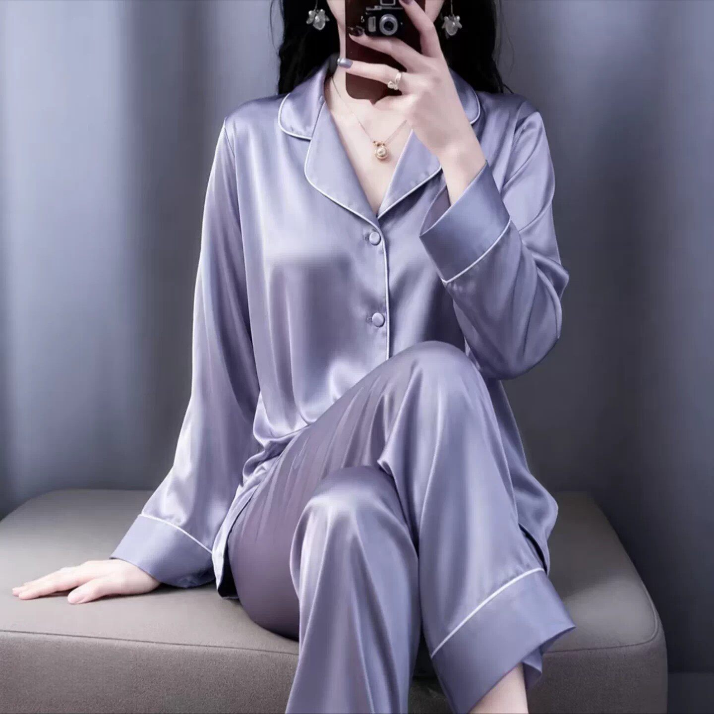 维多利亚情侣睡衣女春秋季长袖长裤宽松套装纯色桑蚕丝家居服男薄