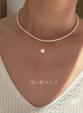 3mm清冷白色小米珠项链高亮冰雪白色珍珠锁骨链女baby珠颈链纯银