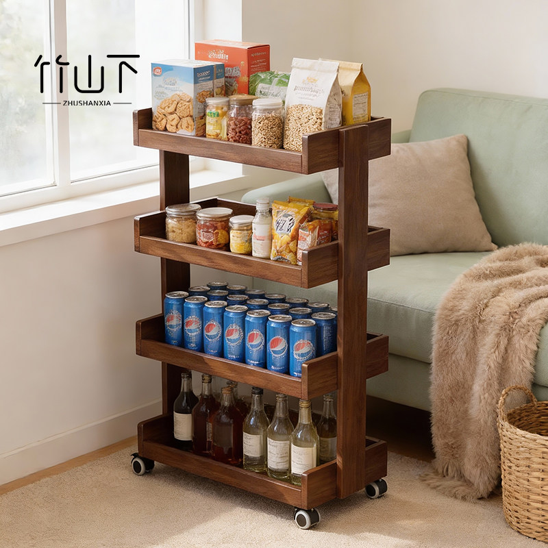 可移动零食置物架实木小推车窄款收纳架门后夹缝收纳柜落地分层架,收纳整理,整理架/置物架/收纳架,淘宝优惠券,粉丝福利购,淘宝优惠卷