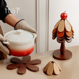 家用折叠防烫餐垫实木锅垫一棵树可爱杯垫碗垫圣诞树创意摆件桌垫