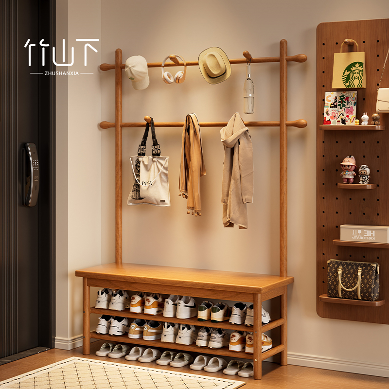进门口挂衣架换鞋凳一体卧室玄关置物架实木入户门鞋柜衣帽架一体