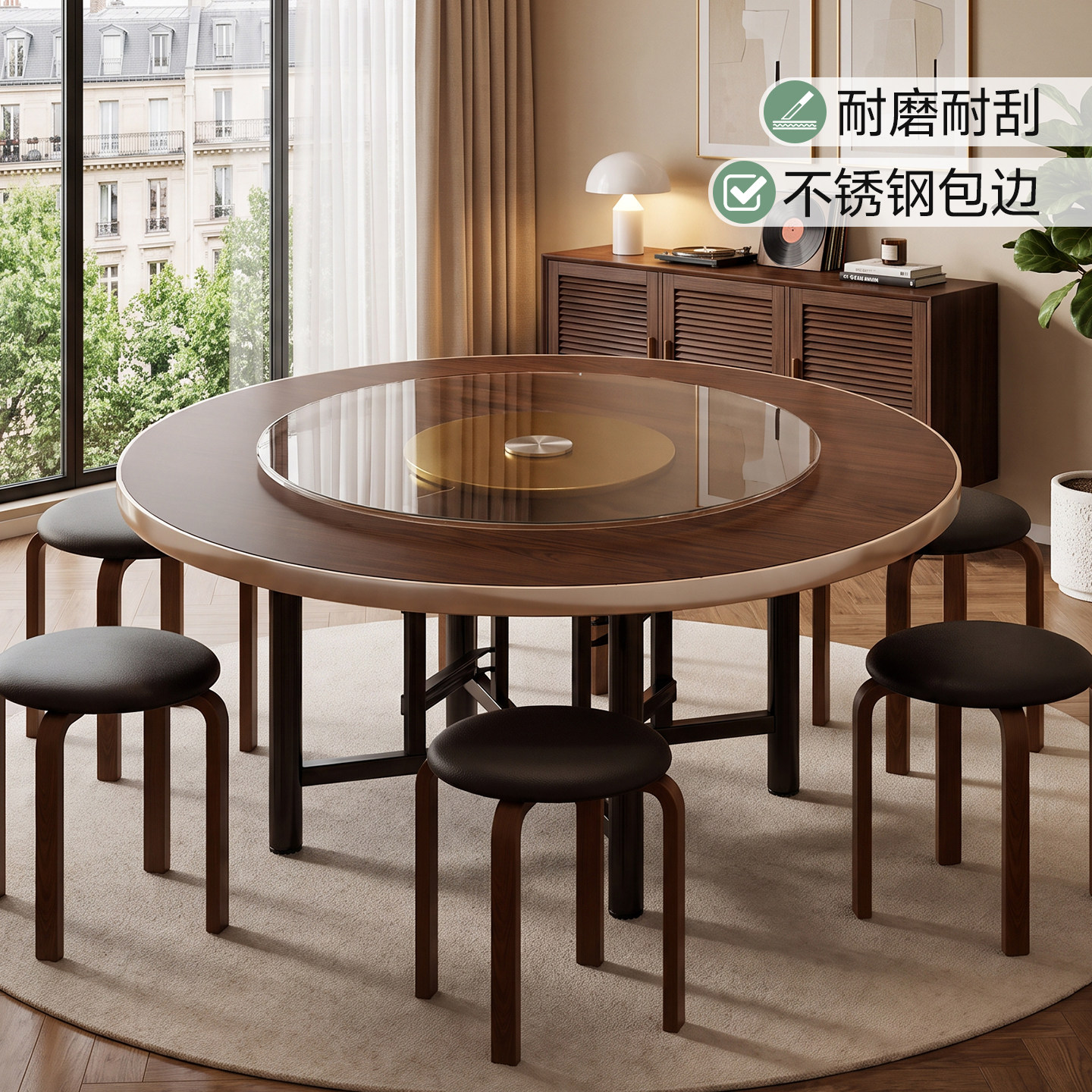 圆餐桌带转盘家用可折叠大圆桌中古风2026新型小户型12人圆桌面板