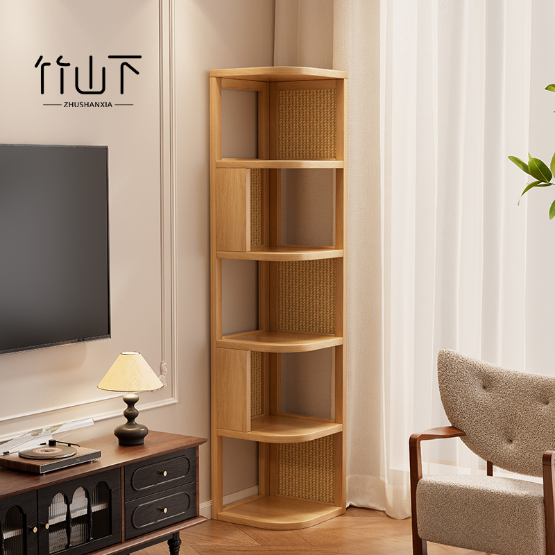 实木书架转角置物架天然藤