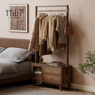 实木床头柜挂衣架一体家用卧室多功能床边收纳置物架小型储物柜子