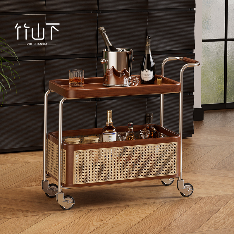 实木可移动边几中古收纳小推车客厅沙发置物架塑藤编储物复古角几