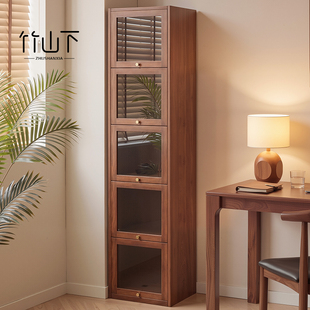 实木夹缝书柜家用客厅展示柜立柜收纳墙边简约窄高陈列翻门柜高级