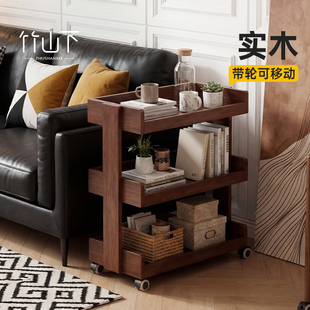 实木可移动置物架沙发后门后厨房水果零食储物窄收纳架带轮小推车