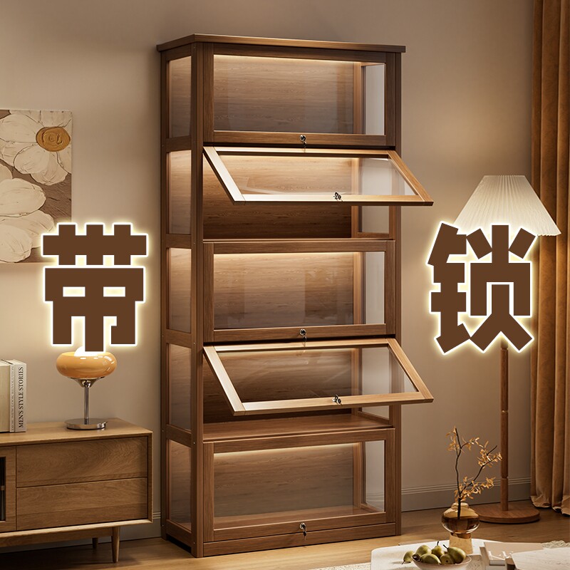 实木手办展示柜带锁储物柜模型透明礼品盲盒收纳酒柜落地玻璃展柜