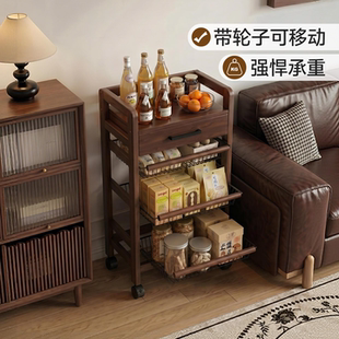 零食小推车实木置物架可移动厨房可抽拉落地收纳架玩具分层储物架