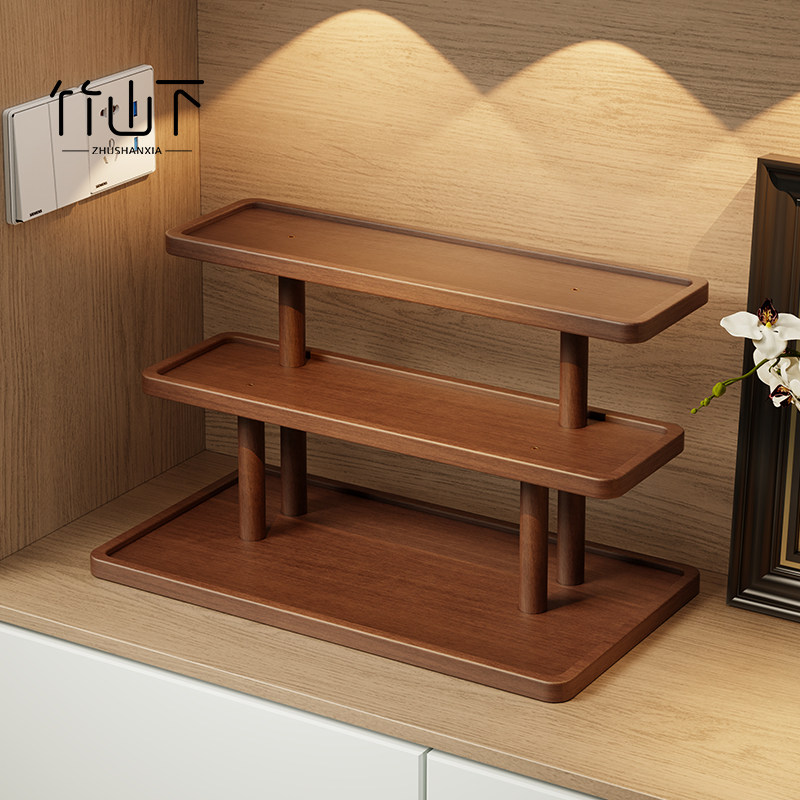 实木置物架钥匙收纳架玄关摆件入户门错层香水架子多层复古风托盘