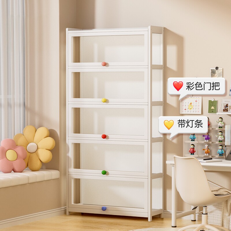 带灯奶油风彩色把手展示柜图片