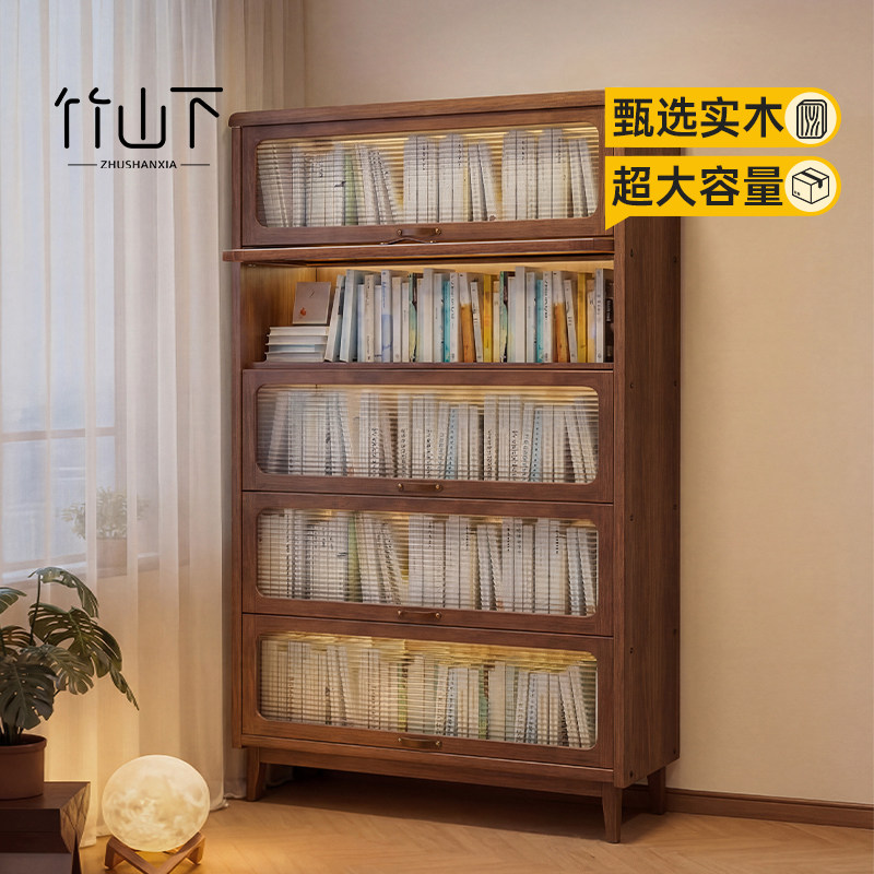 实木大书架一体靠墙客厅儿童落地置物架展示柜家用多层角落带柜门