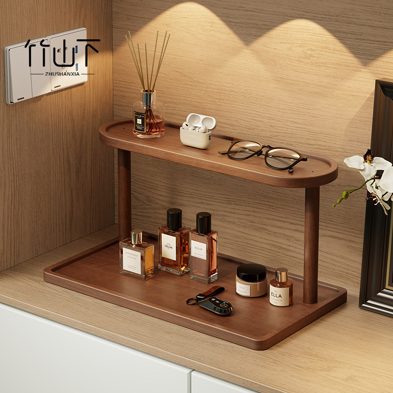 化妆品收纳架实木香薰桌面置物架香水中古梳妆台护肤品分层展示架